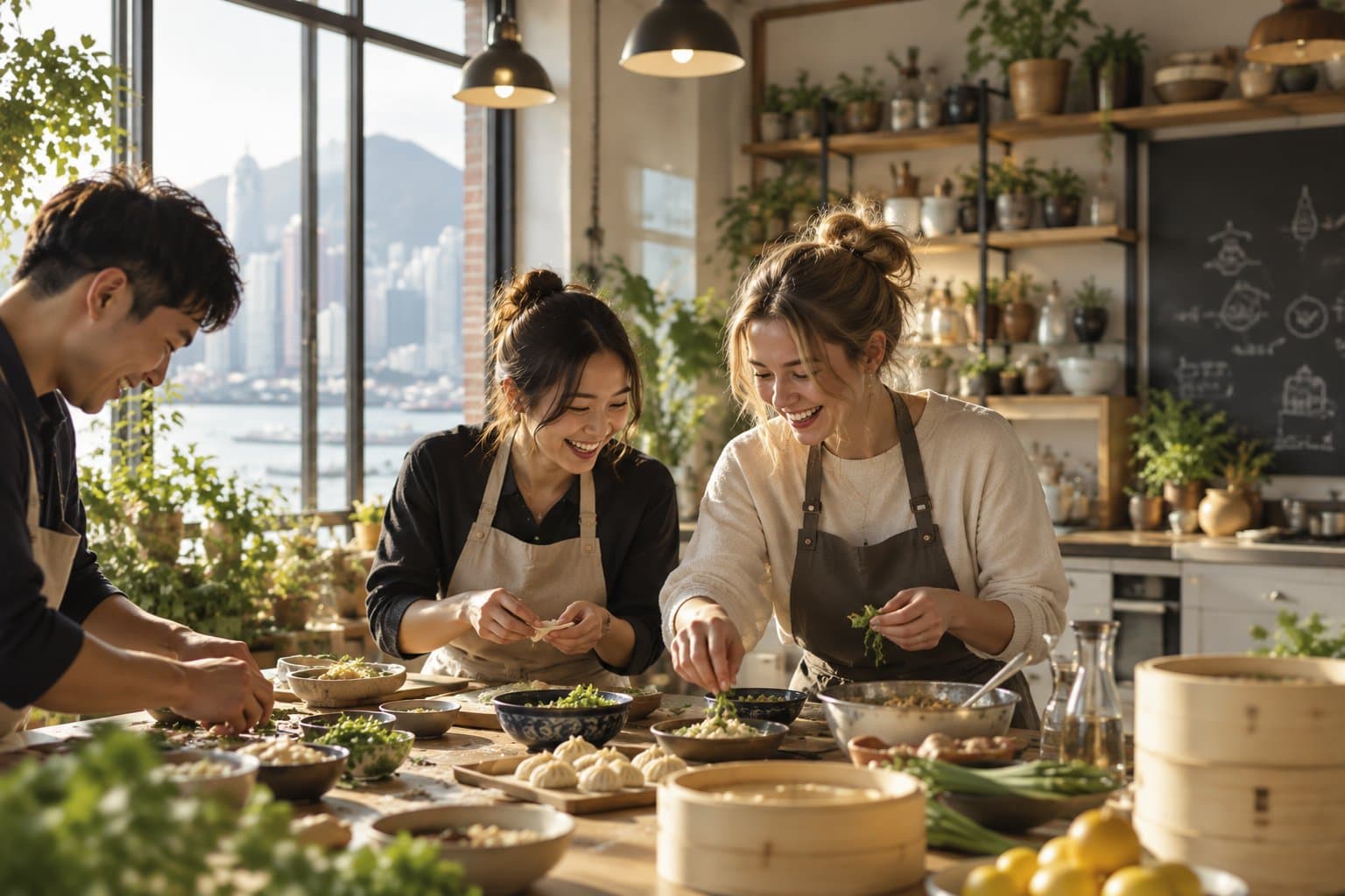 A team gathered around a workshop table, making things together